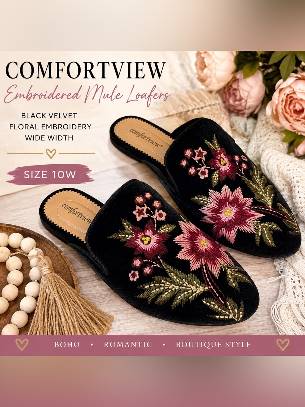 Black Velvet Embroidered Floral Mule Loafers | Boho Luxe Size 10W